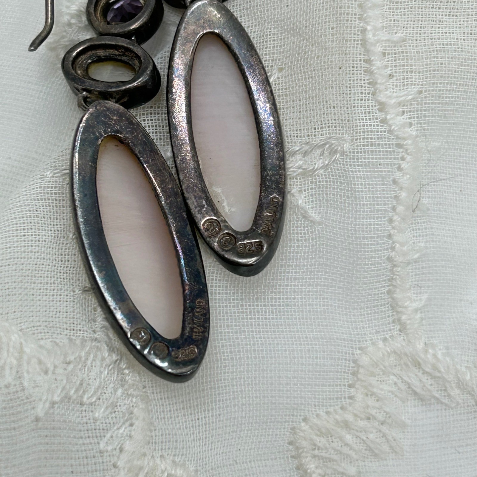 Vintage Sterling Silver Drop Earrings Amethyst/Purple Stone Shell Stone