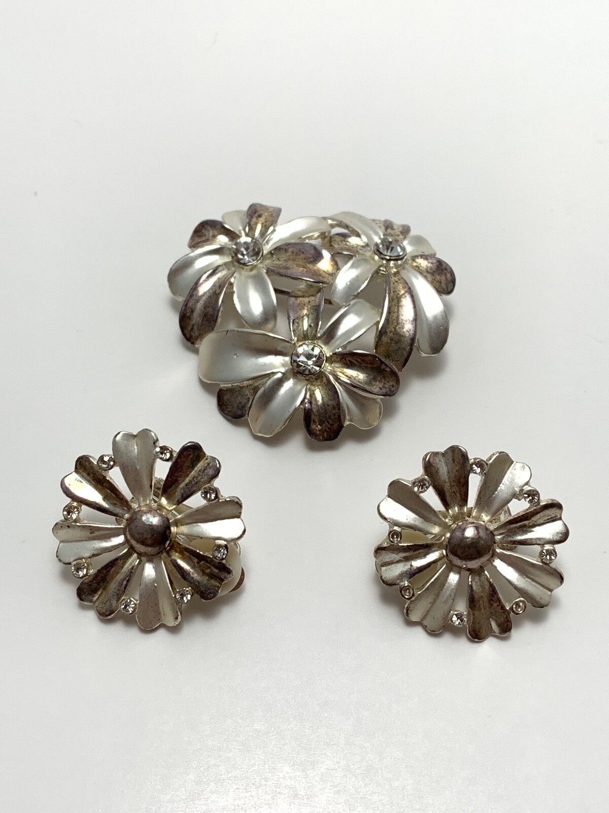 Vintage Silver Tone with White Stone Floral Brooch with Matching Clip Earrings