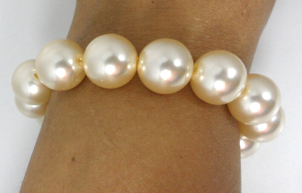 Vtg Beaded Stretch Bracelet Chunky 11 mm Champagne Faux Pearl Granny Cottage 7″