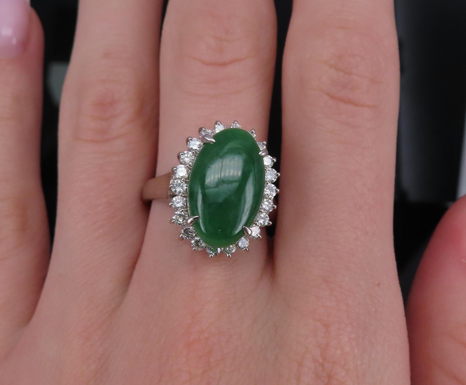 5.95ct Natural Green Jadeite Jade 0.75ct Diamond Platinum Ring Size 8.5