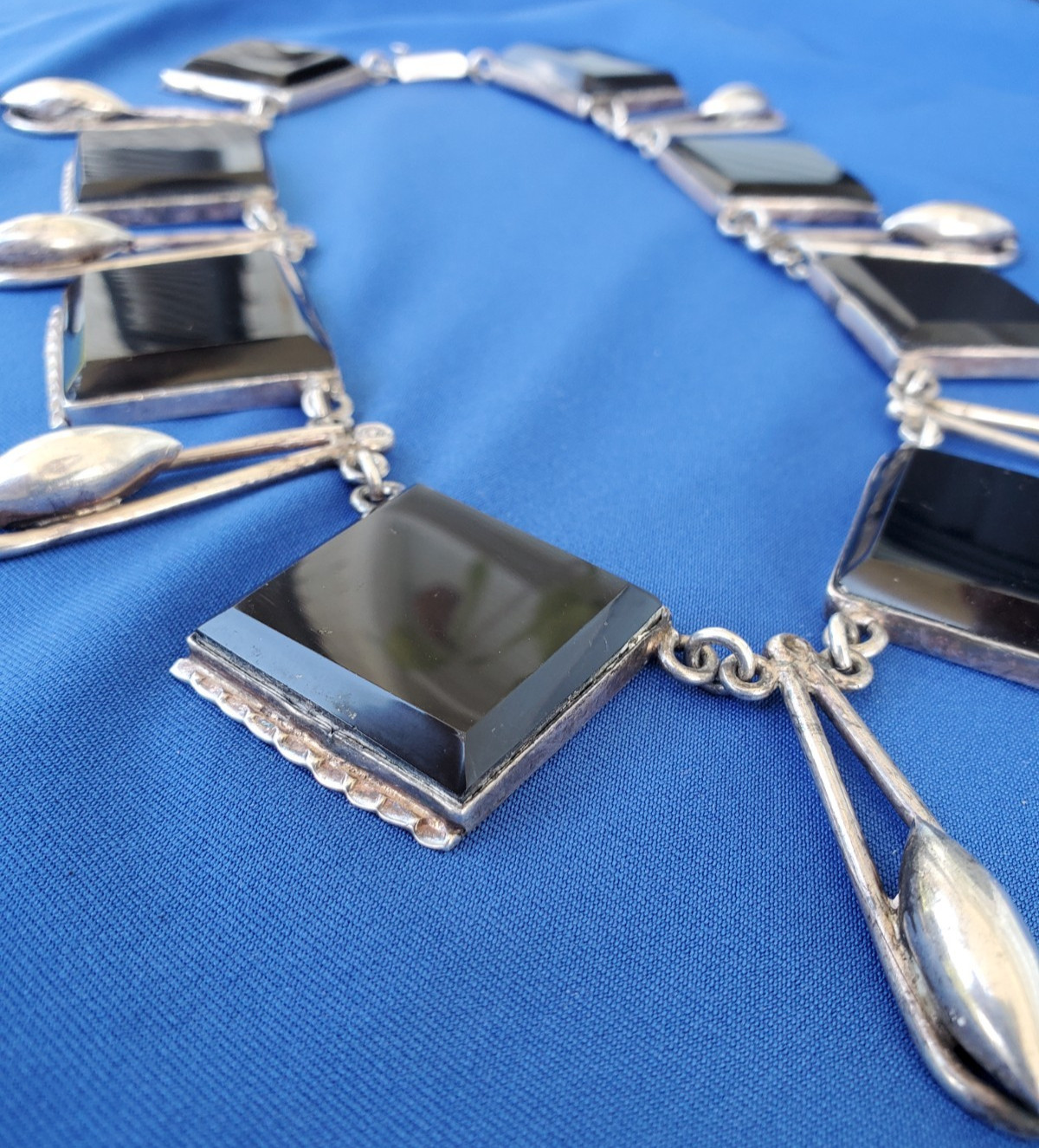 Original STERLING SILVER 925 Deco Onyx Modernist Necklace 186 Gr Vintage 18″ In
