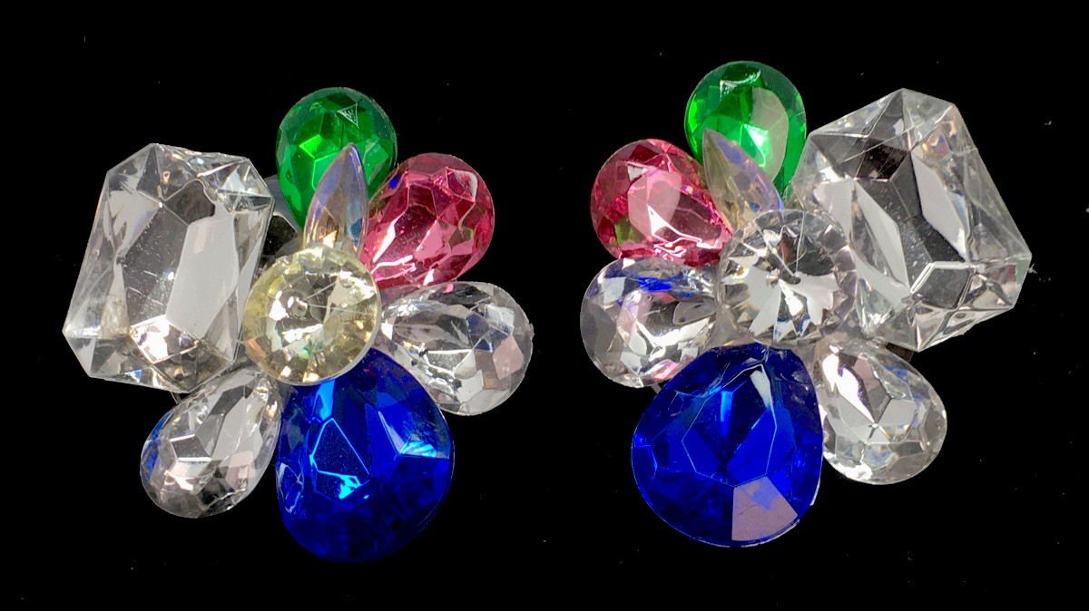 1980’s Colorful Faceted Faux Crystal Acrylic Earrings