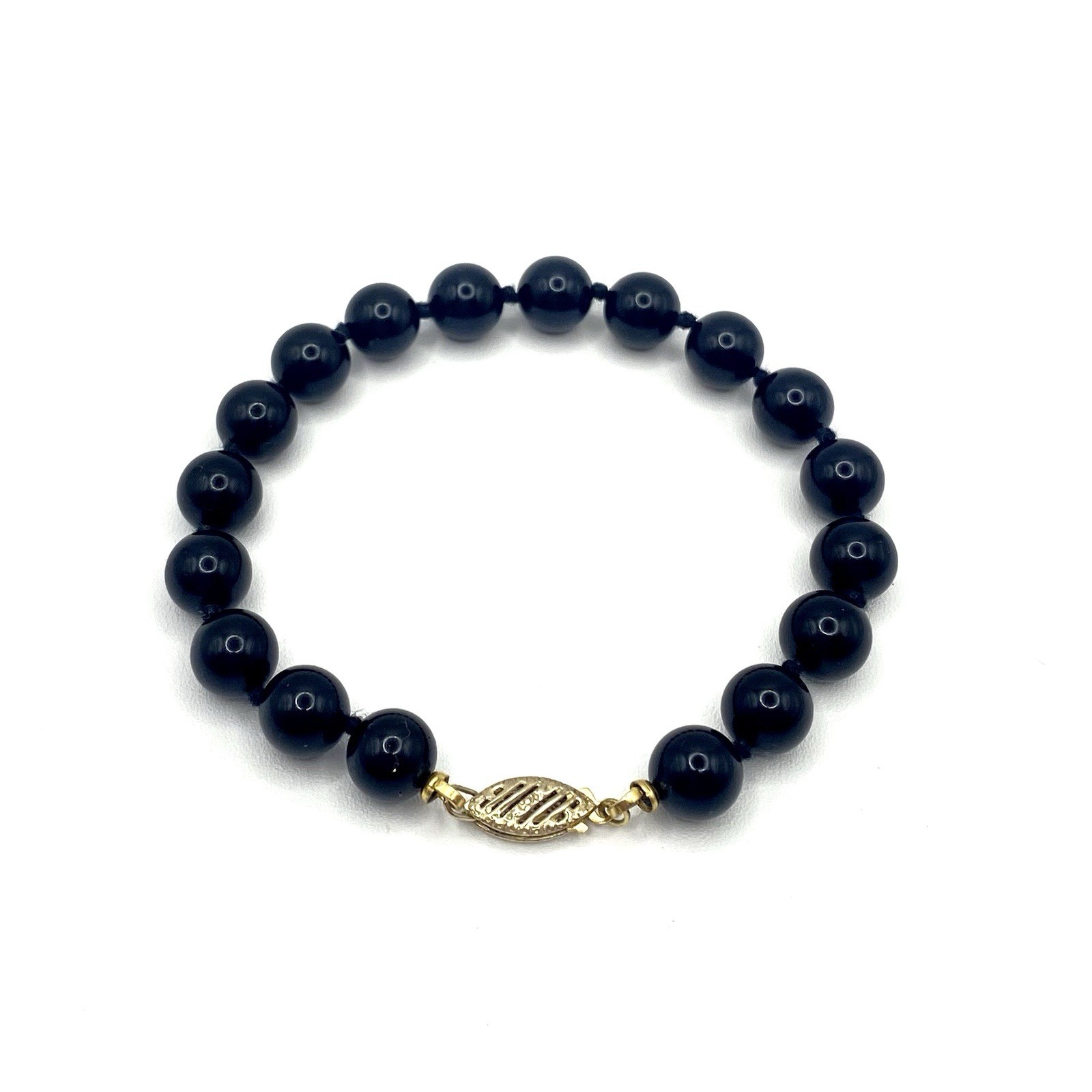 Vintage Black Round Beads Bracelet 925 Sterling Silver Clasp Gold Tone Hand Knot