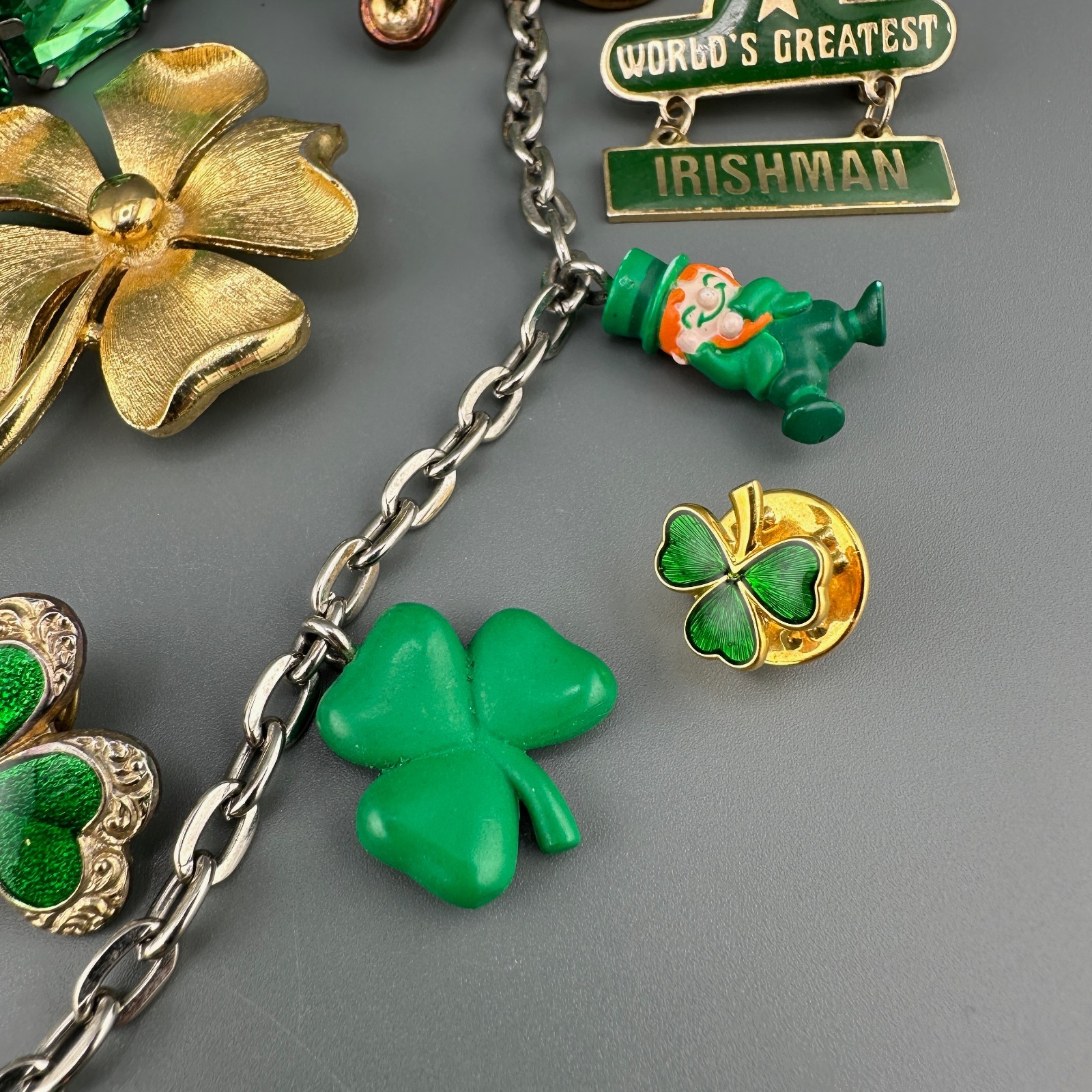 Vintage St. Patricks Day Jewelry Lot Shamrock Brooches Leprechaun Necklace Rings