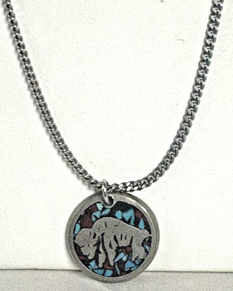 Vintage Pendant Necklace Buffalo Turquoise & Red Coral Silver Tone Chip Inlay
