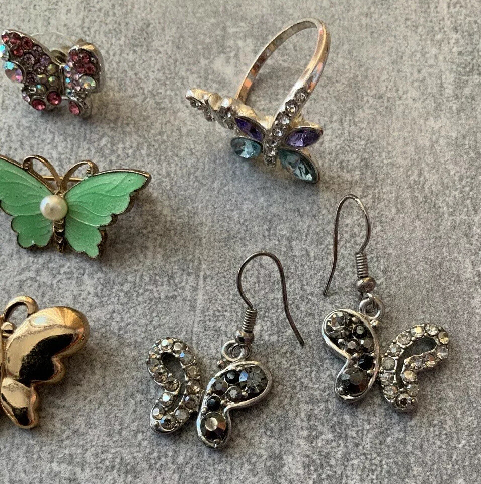 BEAUTIFUL BUTTERFLY THEMED LOT EARRINGS BROOCHES PINS RING RHINESTONES ENAMEL