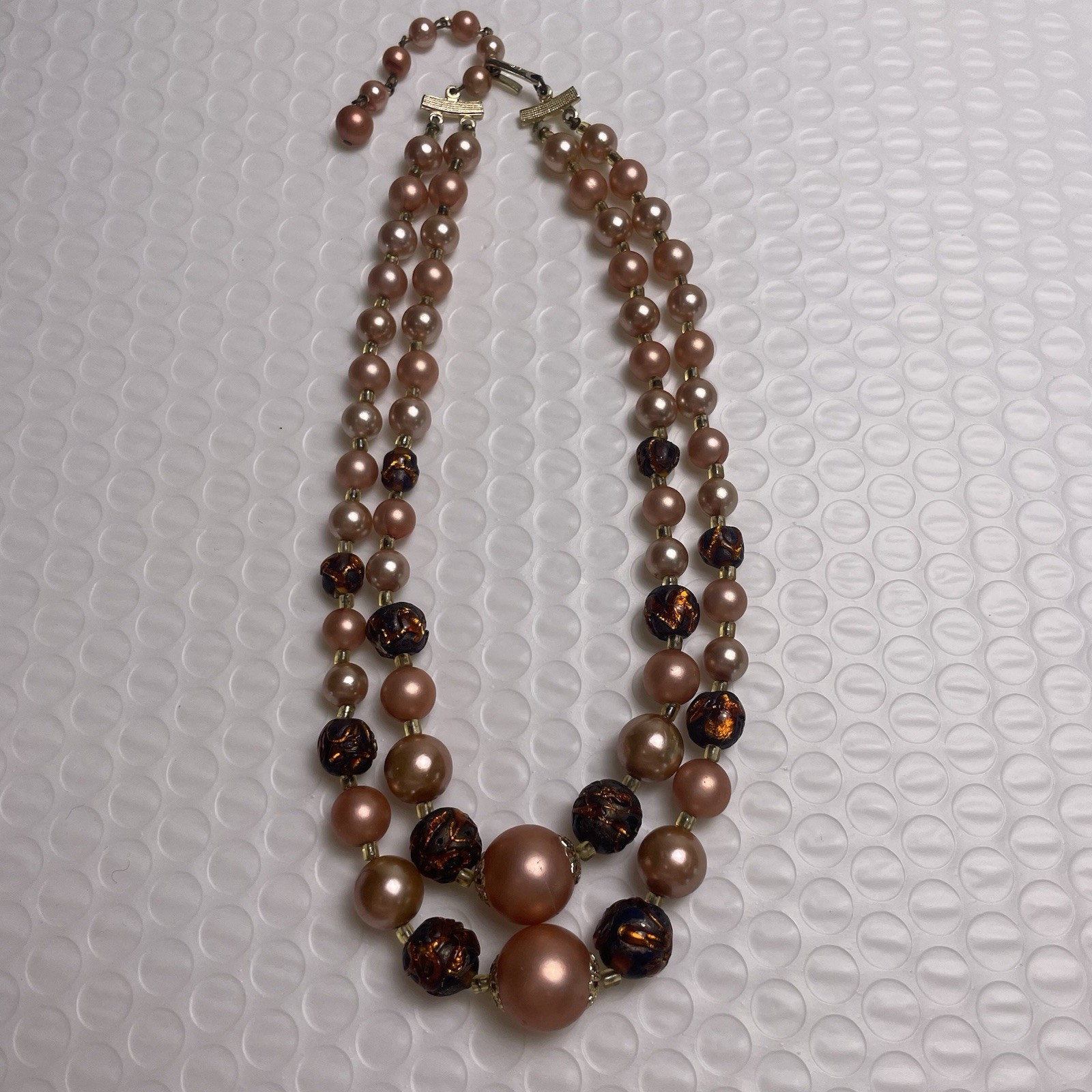 VTG Peach Brown Gold Double Strand Necklace Made In Japan Adjustable