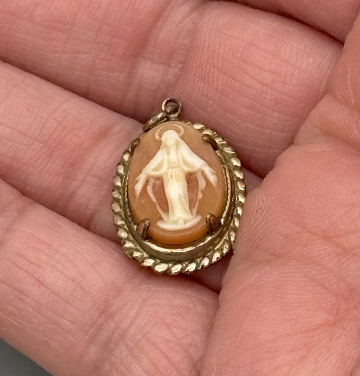 Vintage Miraculous Medal Virgin Mary Pendant Carved Shell Cameo 12K Gold Filled