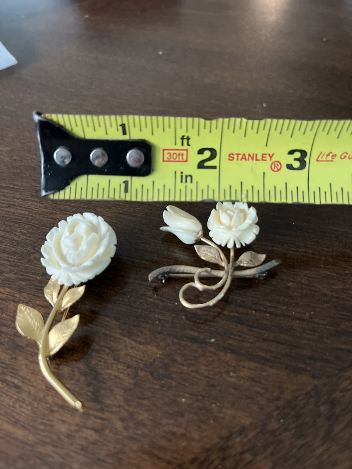 White Faux Ivory And Gold Rose Earrings And (2) Brooch Set