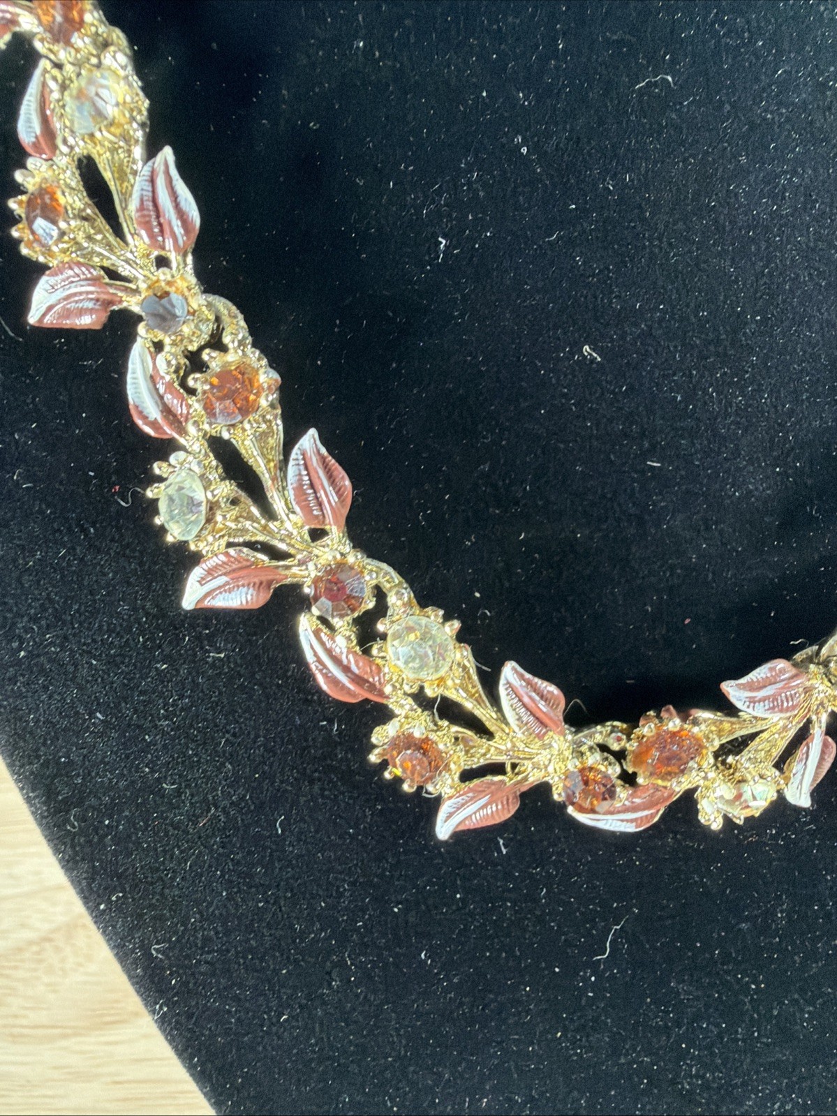 Vintage Brown Rhinestone Flower Necklace Gold Tone With Matching Clip Earrings
