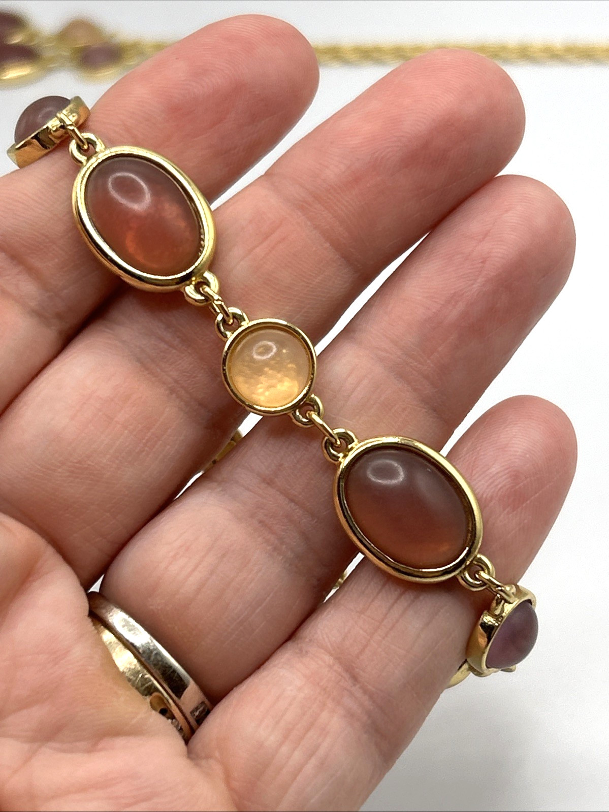 CONTESSA Gold Tone Muted Pink Cabochon Parure Necklace Bracelet Earrings Signed