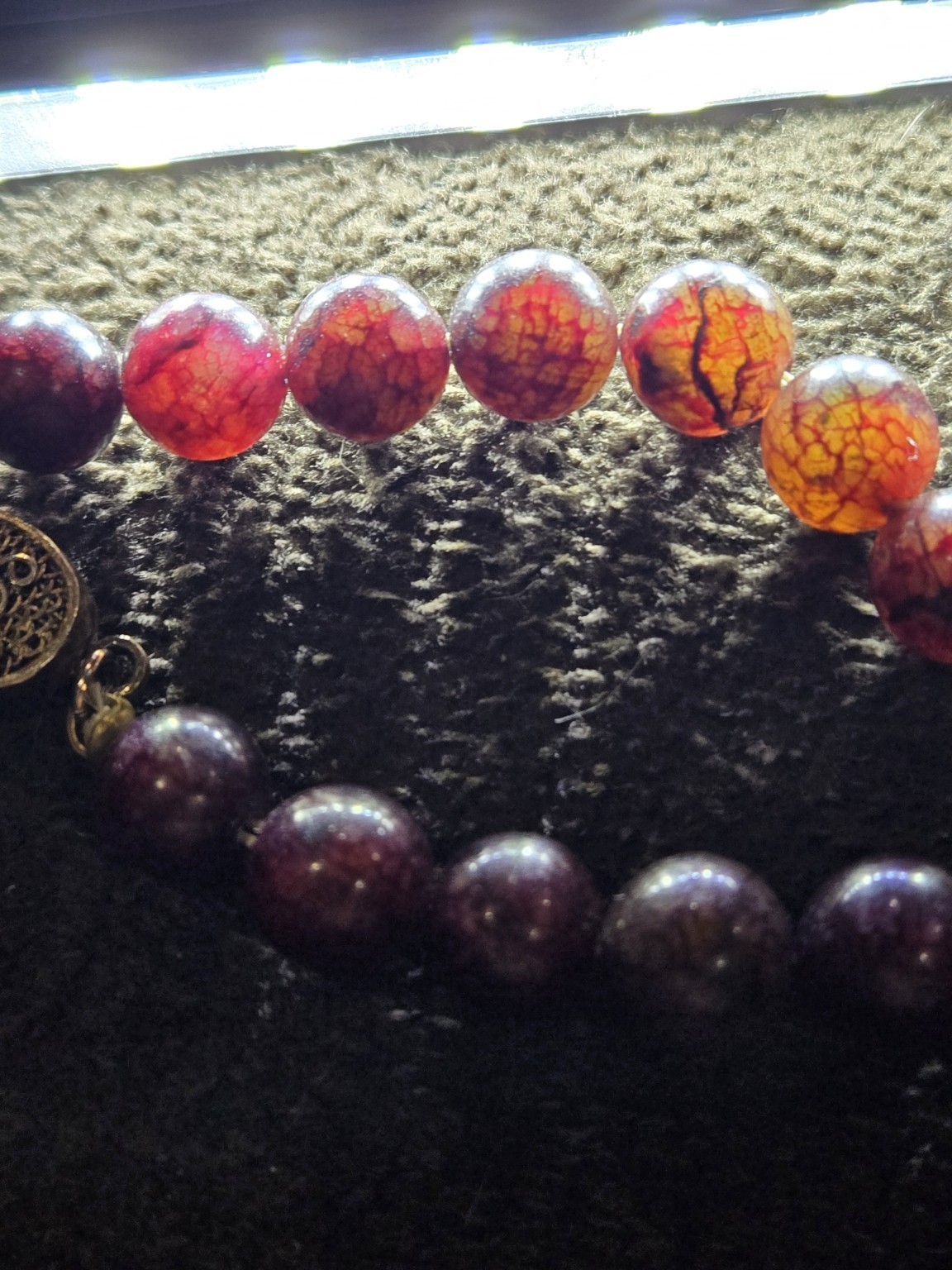 Dragon Vein Agate Bead W/ Cloisonne Enamel Pendant Necklace 18″ Sterling Clasp