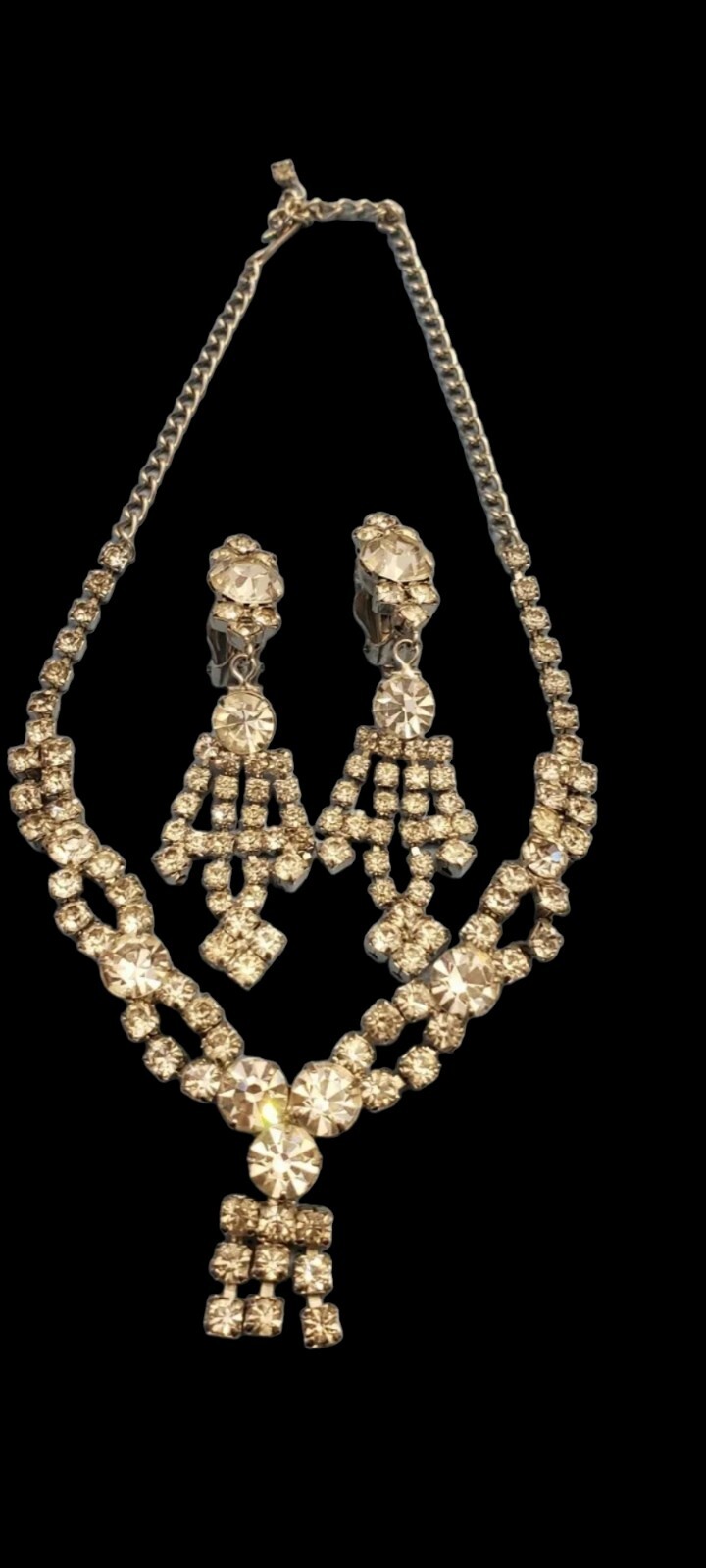 Vintage La Roco crystal necklace Clip on Earrings statement signed costume