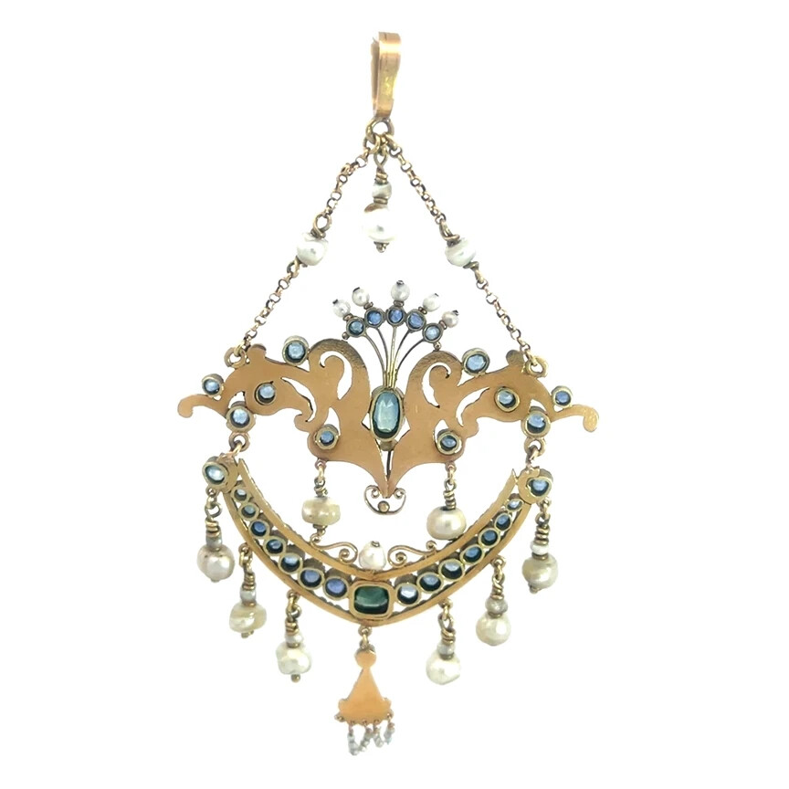 Victorian Gold & Gems Pendant 18k 17k Yellow Large Lavalier Style