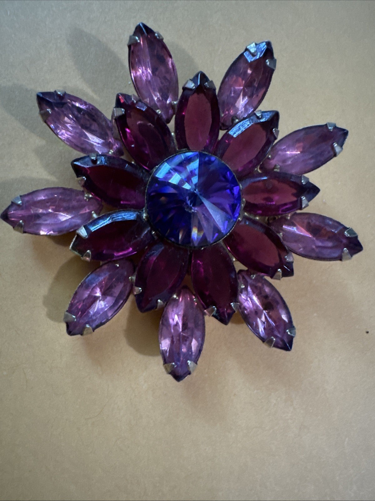 Vintage Dazzling Brooch~Heliotrope Center~Fuchsia & Red &Purple Colors Elegant!