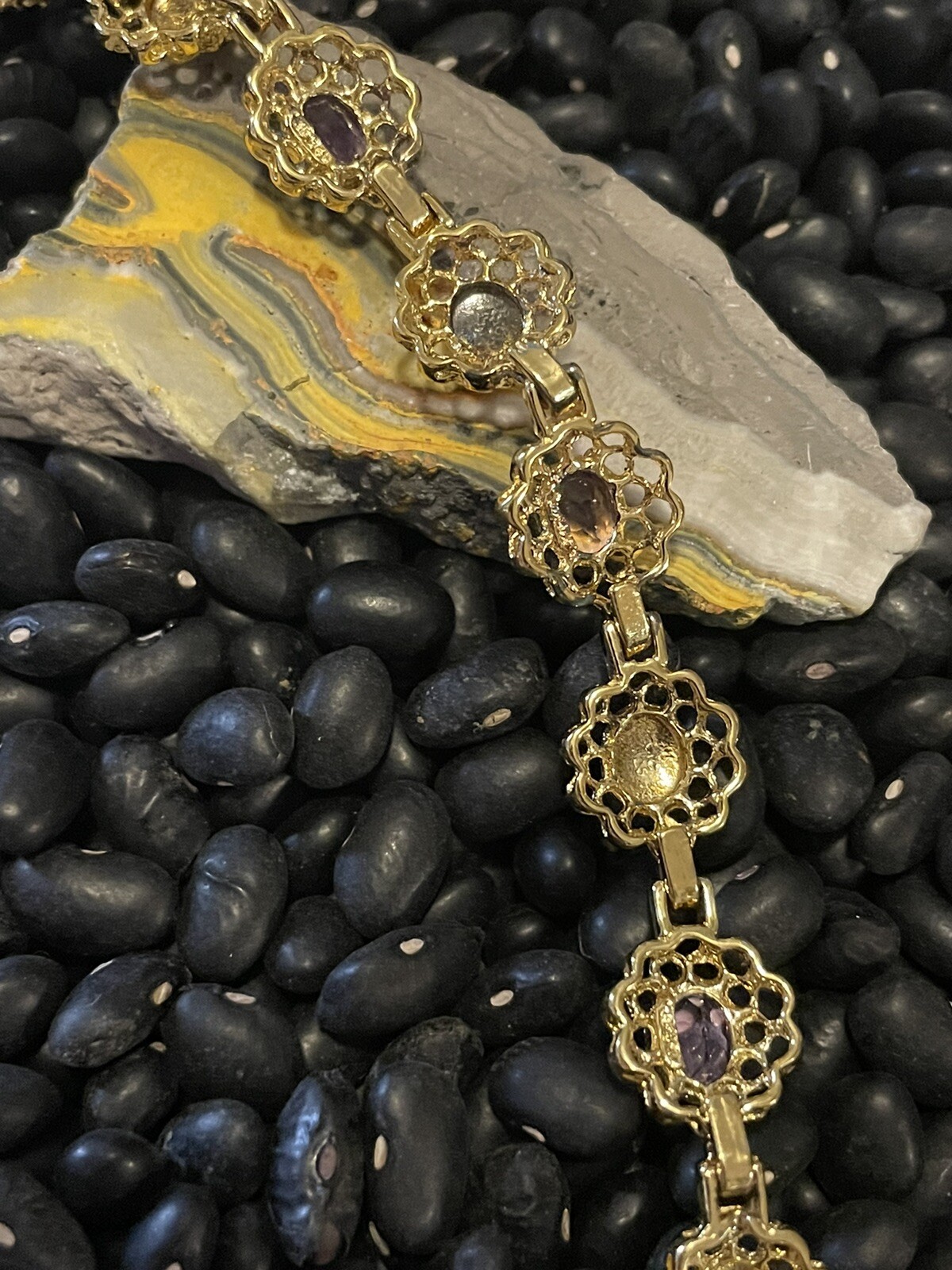Sterling Silver Gold Vermeil Purple Amethyst Etched Open Work Tennis Bracelet