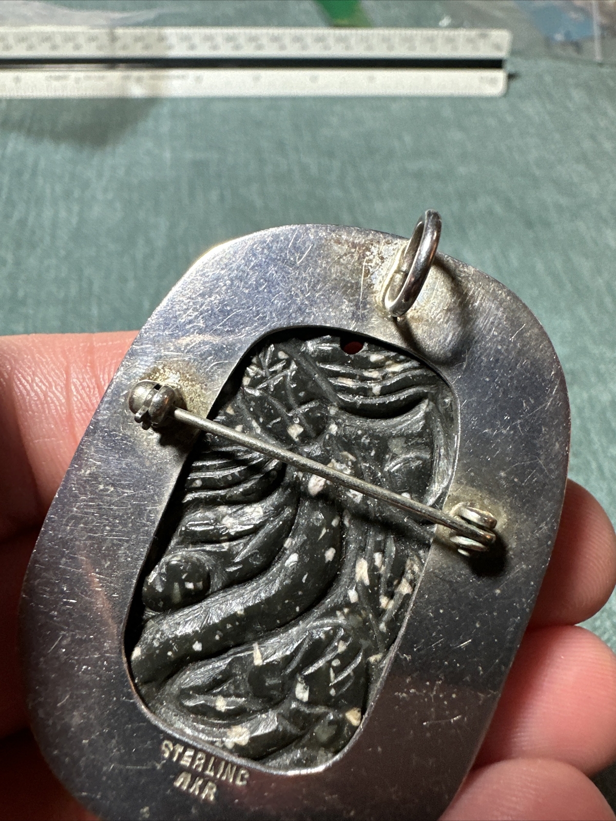 Vintage Amy Kahn Russell AKR Sterling Silver Carved Brooch Pendant