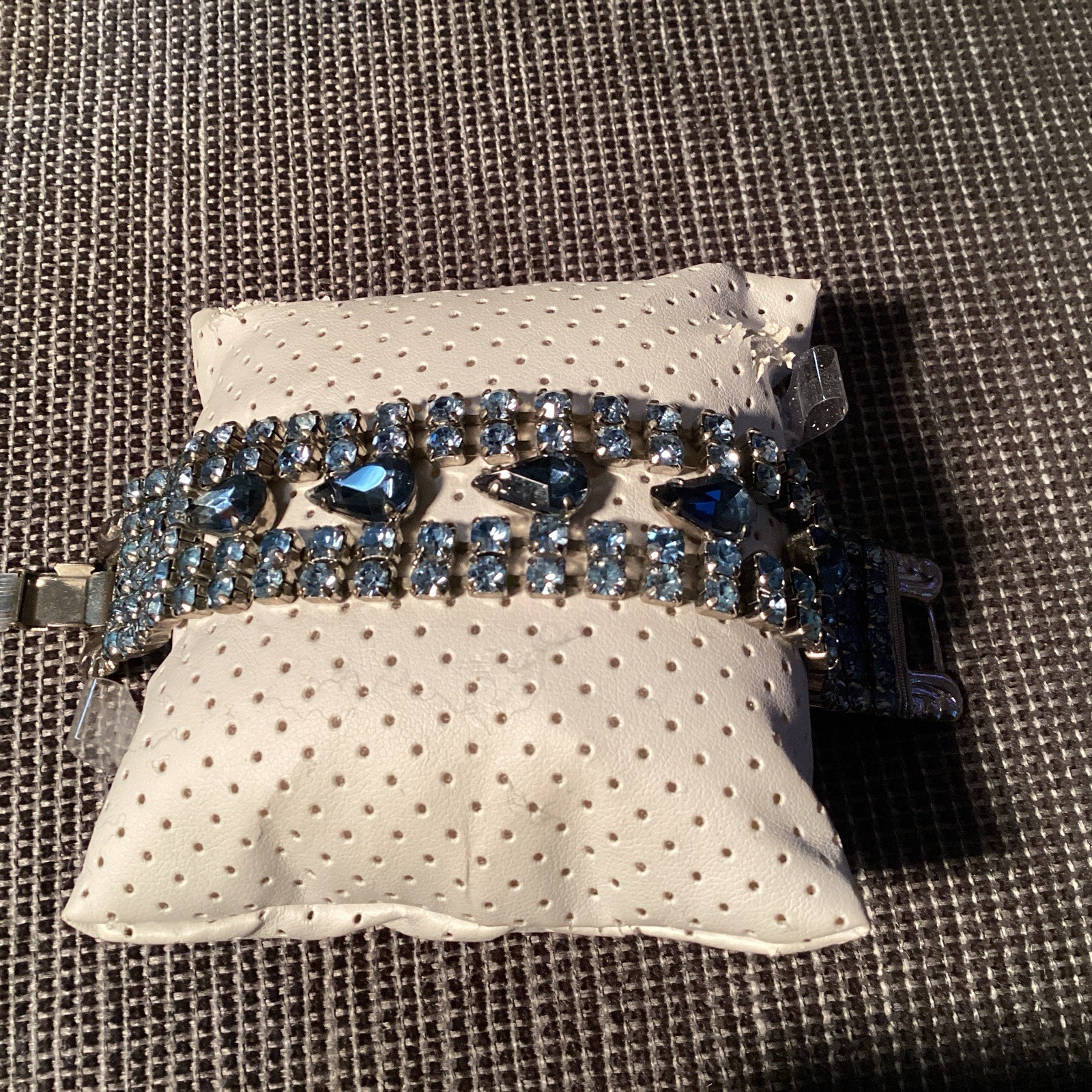 Vintage Blue Rhinestone Wide Statement Bracelet Silver Tone Unsigned 7 Inches