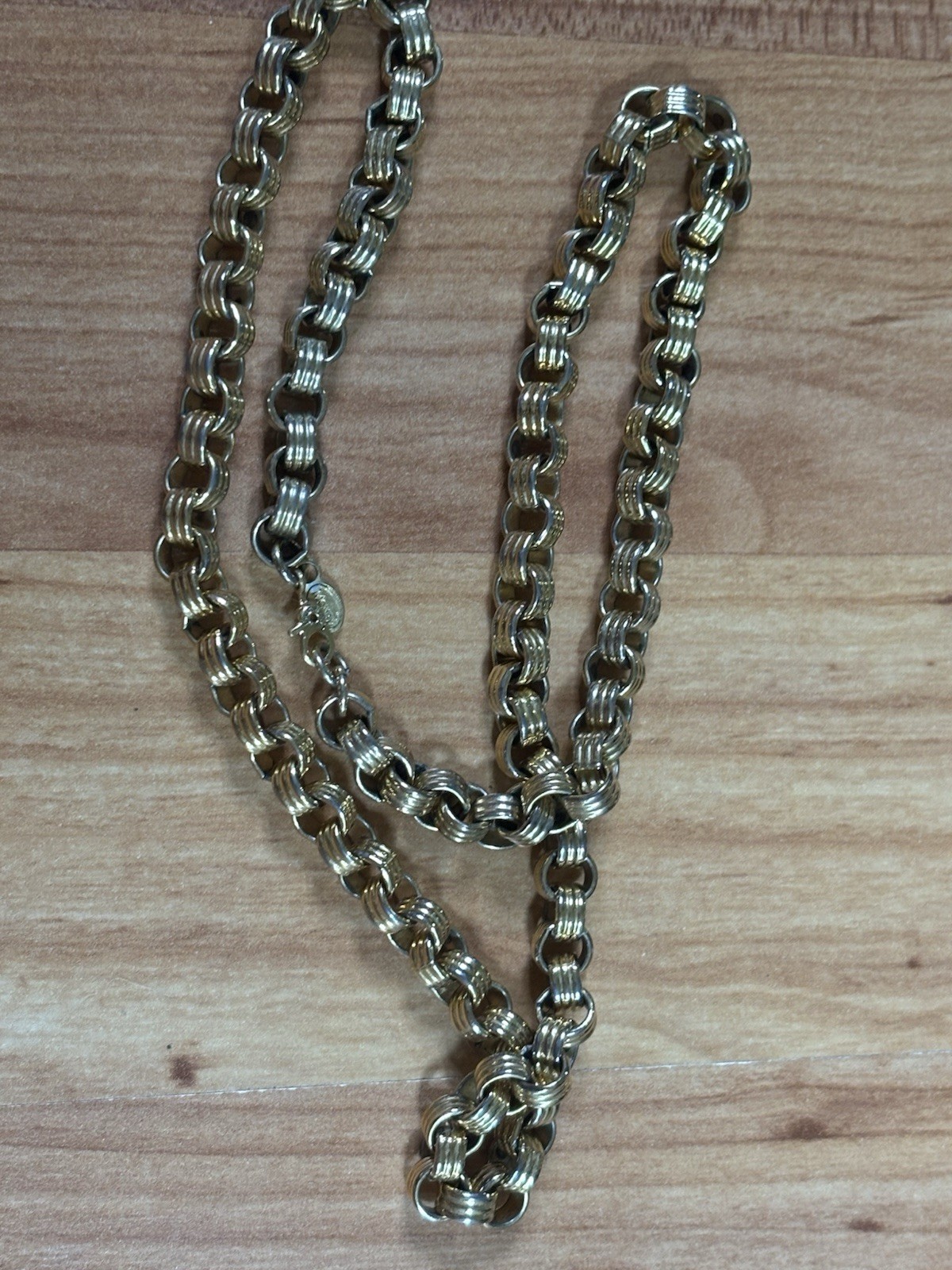 Monet Necklace Crimped Rolo Links Gold Toned Vintage Sister Clasp 70s Quality