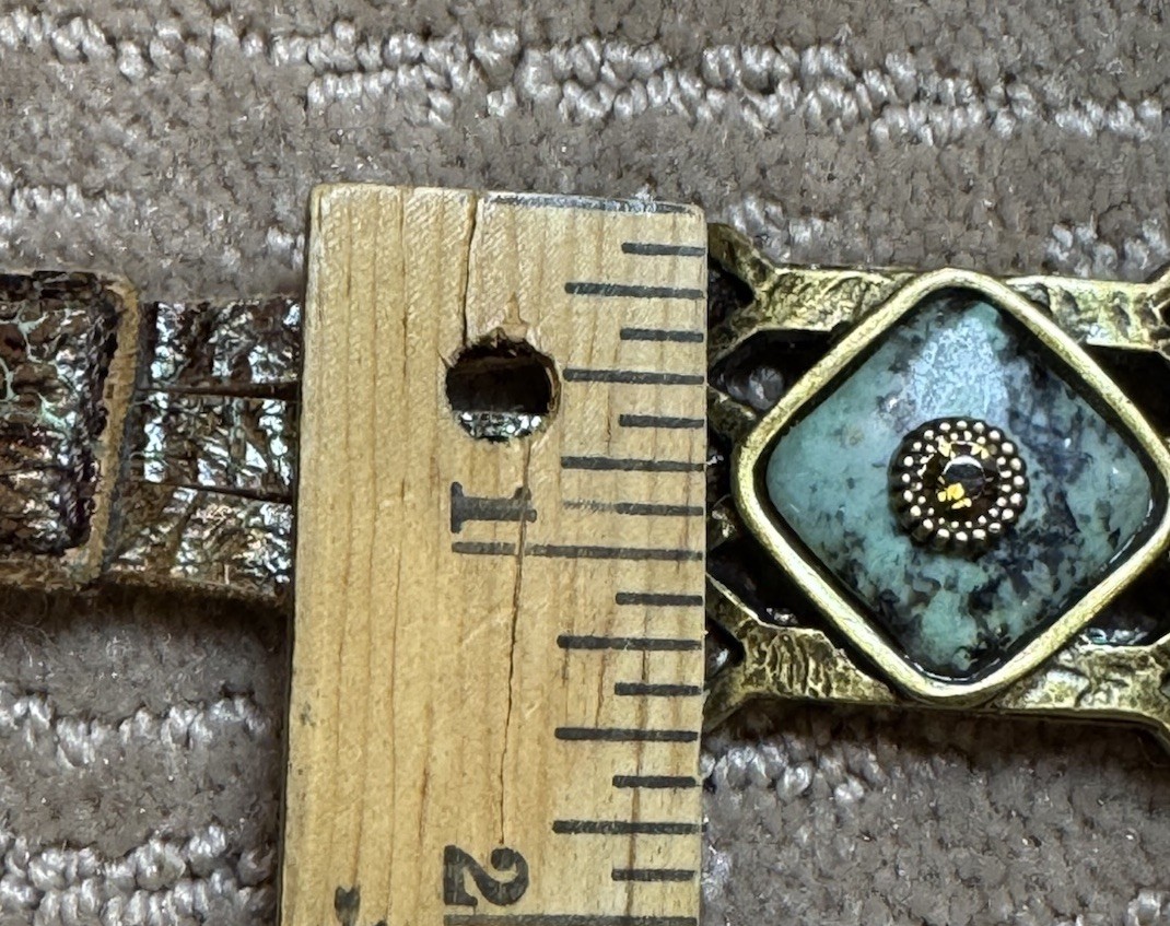 Bracelet LeatherRock Textured Band Turquoise Stone Rhinestone Brass Accents M&W.