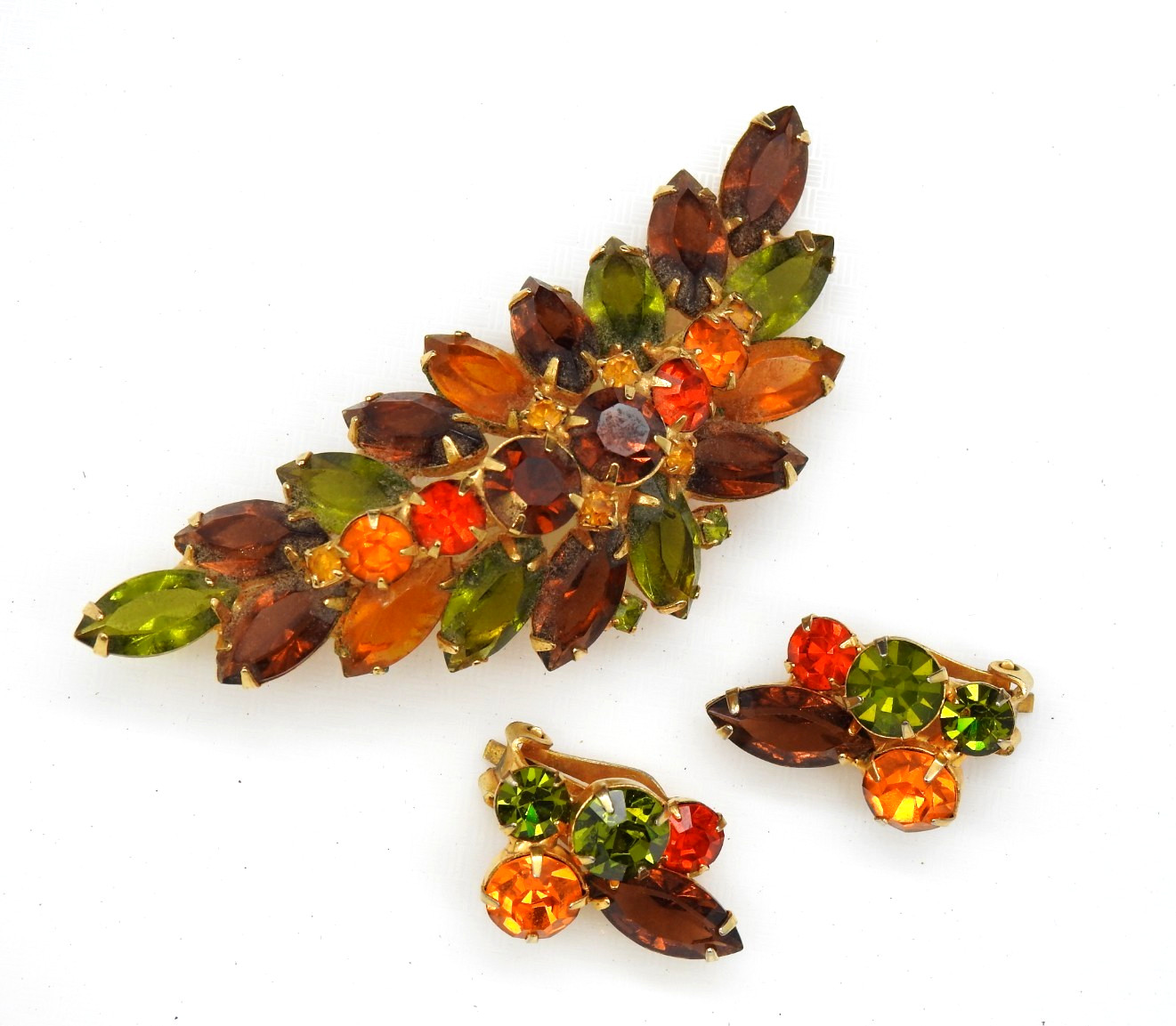 Juliana Rhinestone Brooch Clip Earrings Set Fall Colors Demi Parure Vintage
