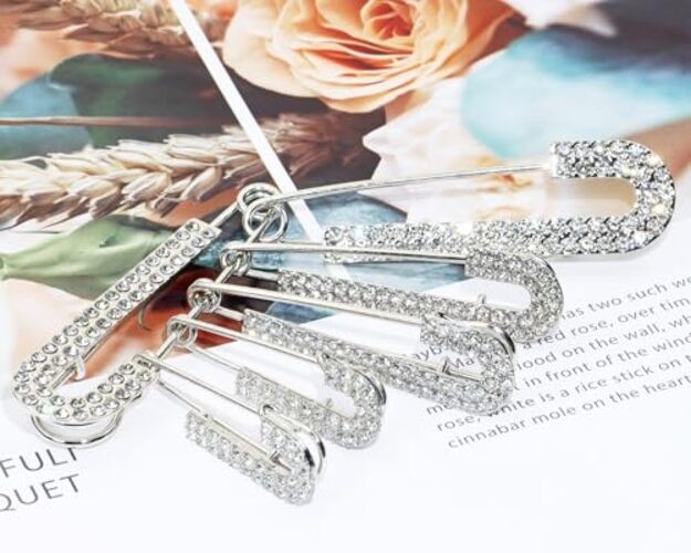 Penta Angel Rhinestone Safety Pins – 6 Pcs Faux Crystal Brooch Clips – Silver