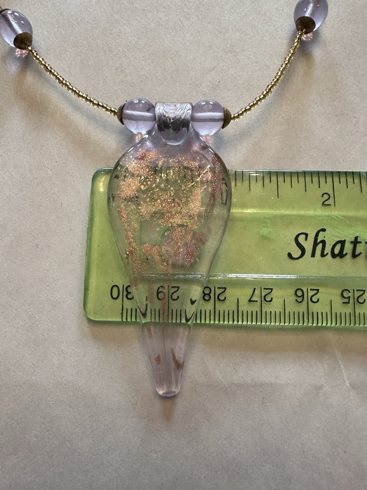 VTG Handmade Pale Lavender Pendant Necklace W/Gold-Toned Beaded Chain & Earrings