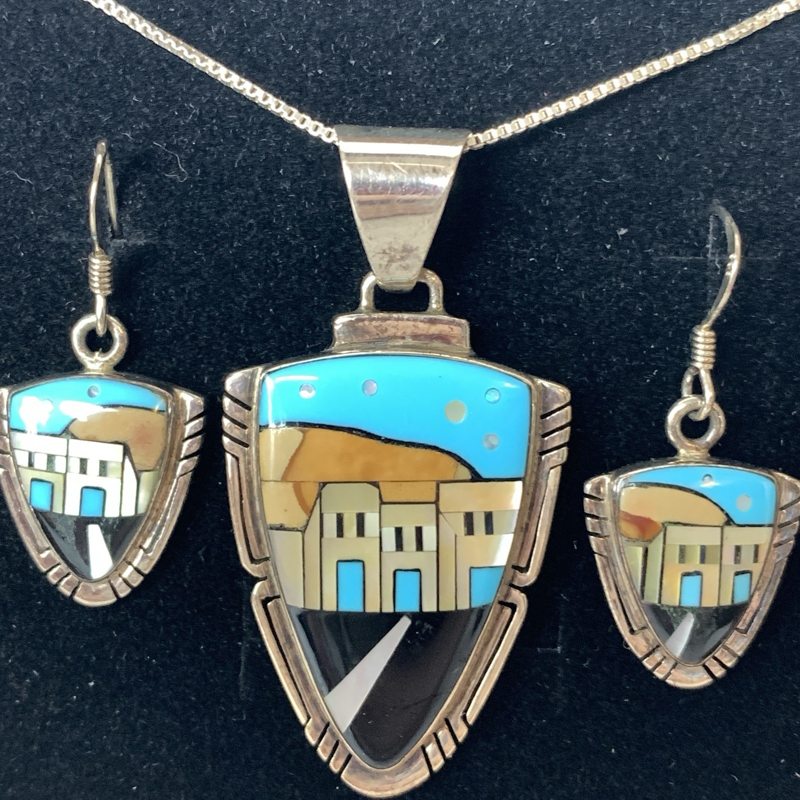 VTG Sterling Silver 925 Southwest Inlay Village Necklace Earring Set Signed VC