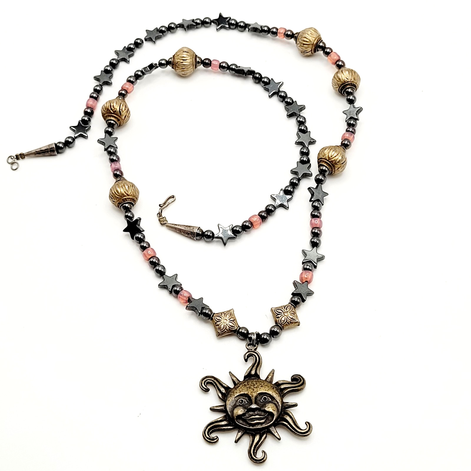 Celestial Sun Stars Black Hematine Bead Pendant Gold Tone Cone Ends Necklace