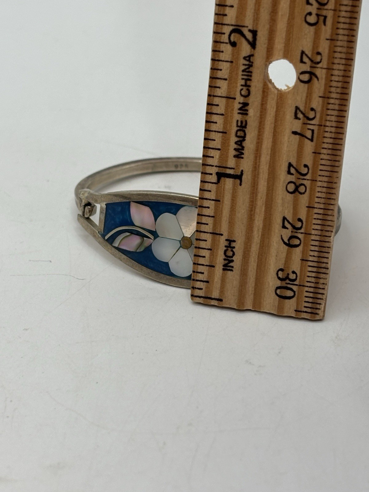 Alpaca Mex 925 Abalone Shell Mother Of Pearl Inlay Hinged Bangle Bracelet 5.5”