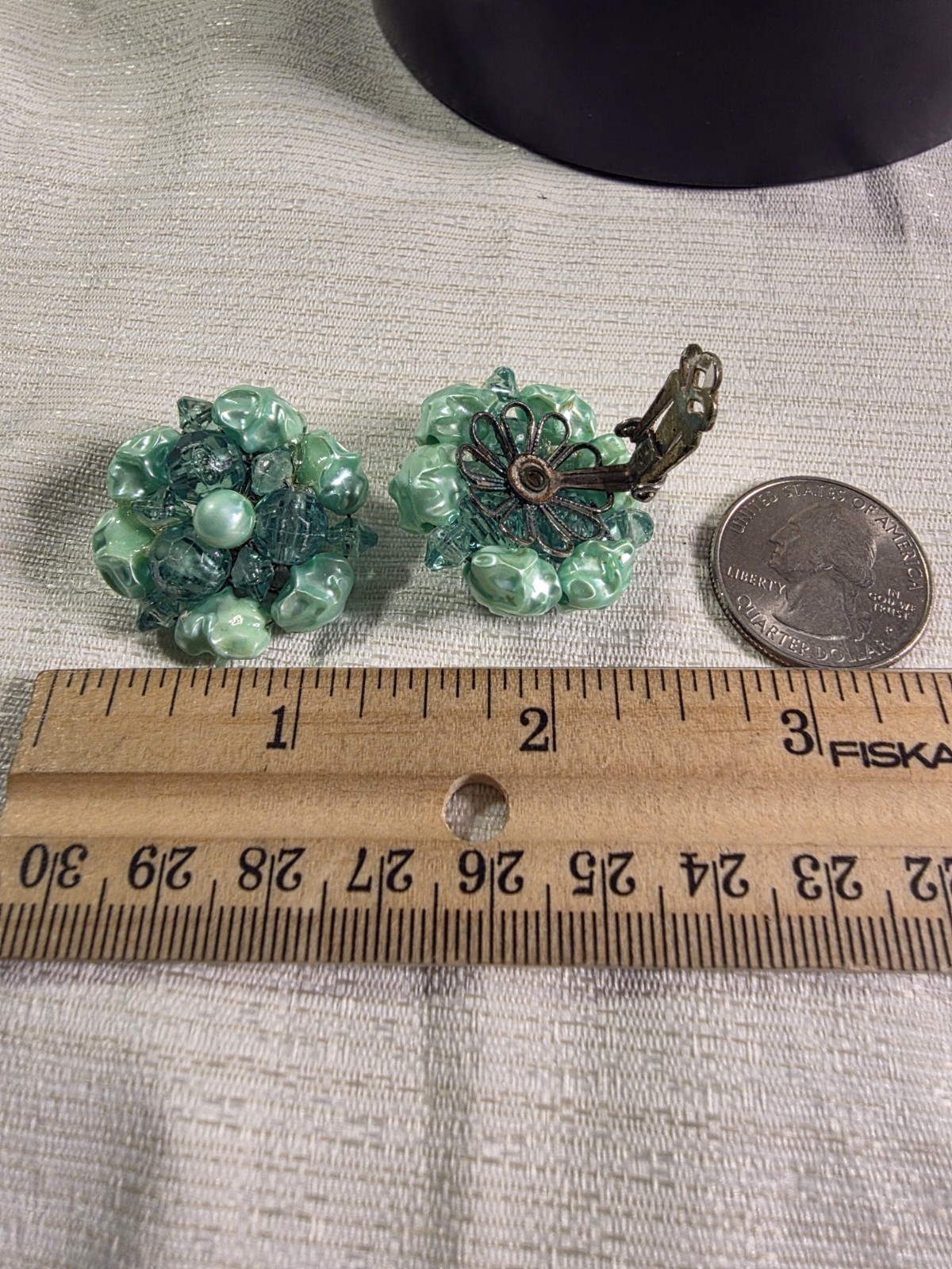 Vintage Light Green Beaded Clip On Earrings, Very Old, Great Condition!