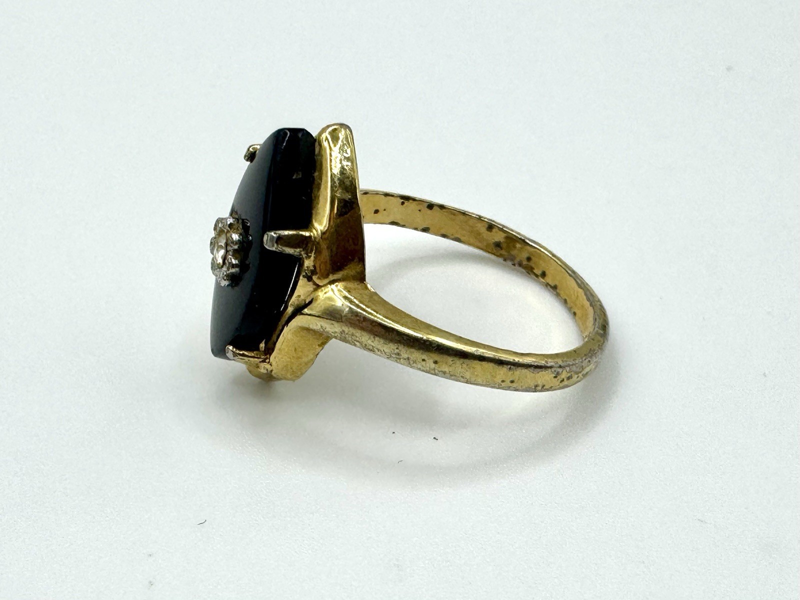 Vintage 14k GE Gold Art Nouveau Black Marquise Onyx Stone Rhinestone Ring Size 8