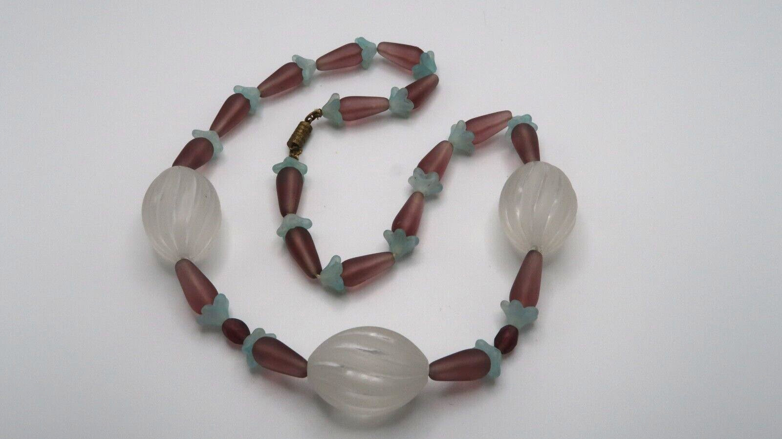 Antique Purple and Blue Glass Floral Bead Necklace Brass Clasp 17″ NB9