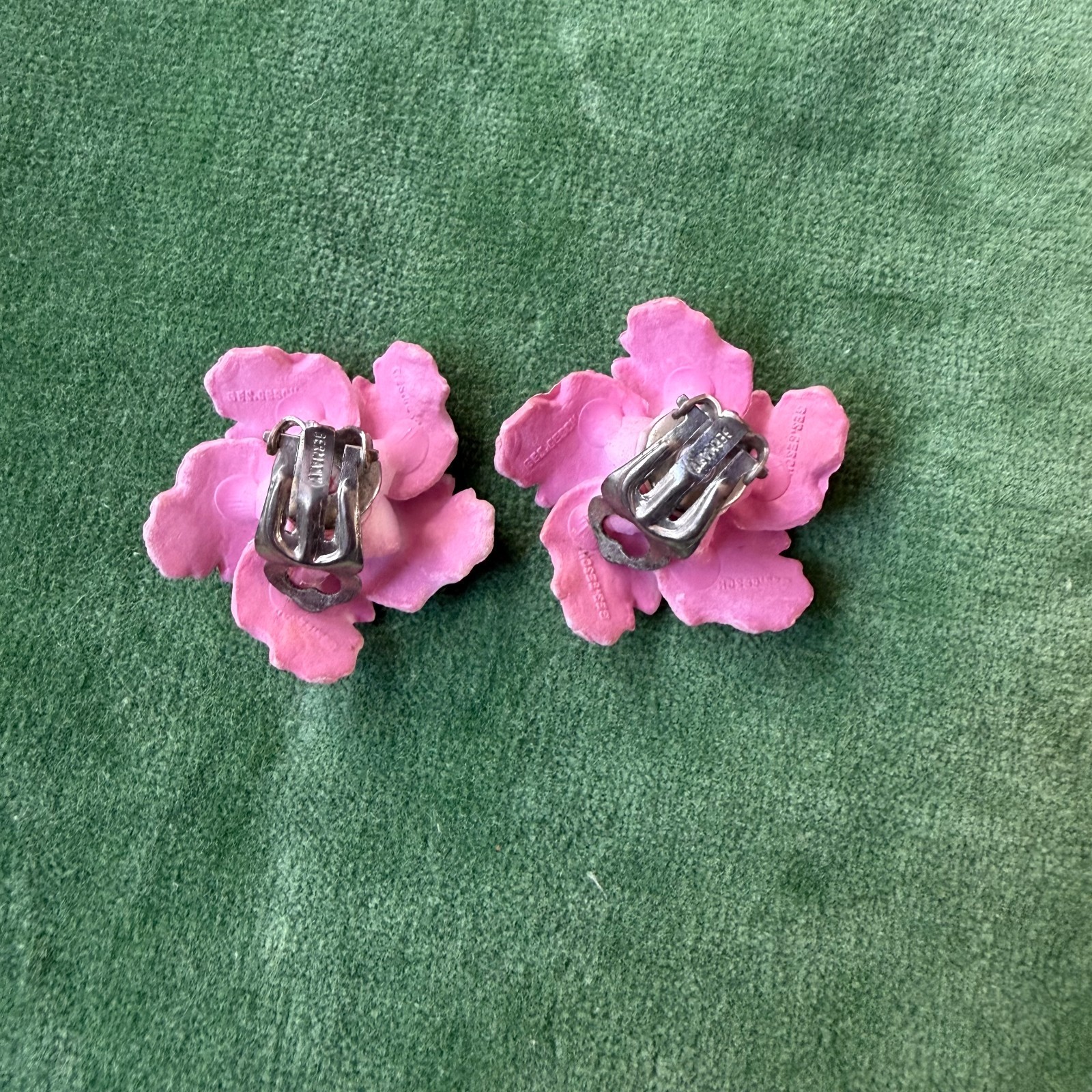 Vintage Celluloid EARRINGS Gesch West Germany Hibiscus Pink Clip On Faux Pearl