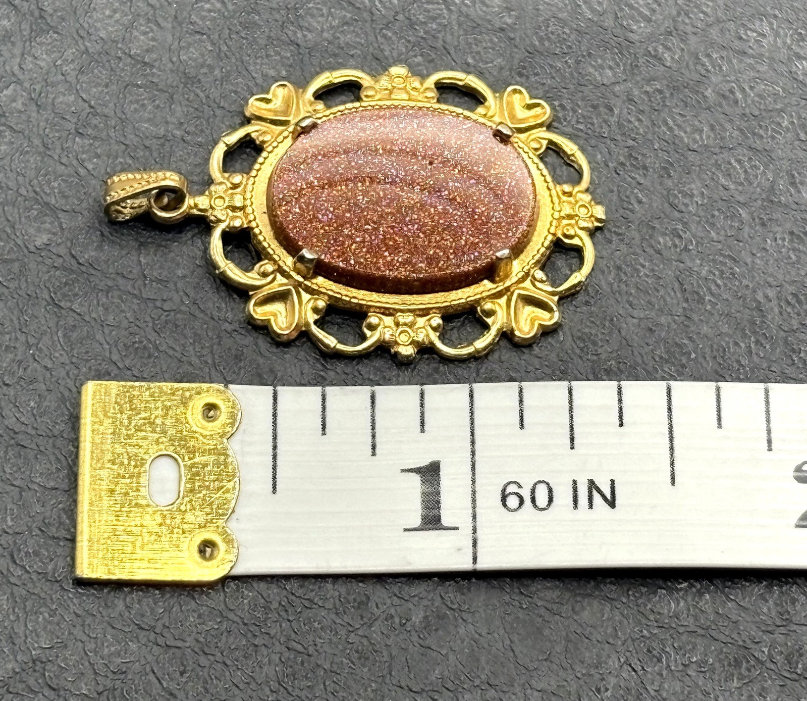 Vintage Gold Tone Goldstone Sunstone Filigree Frame Pendant Victorian Style
