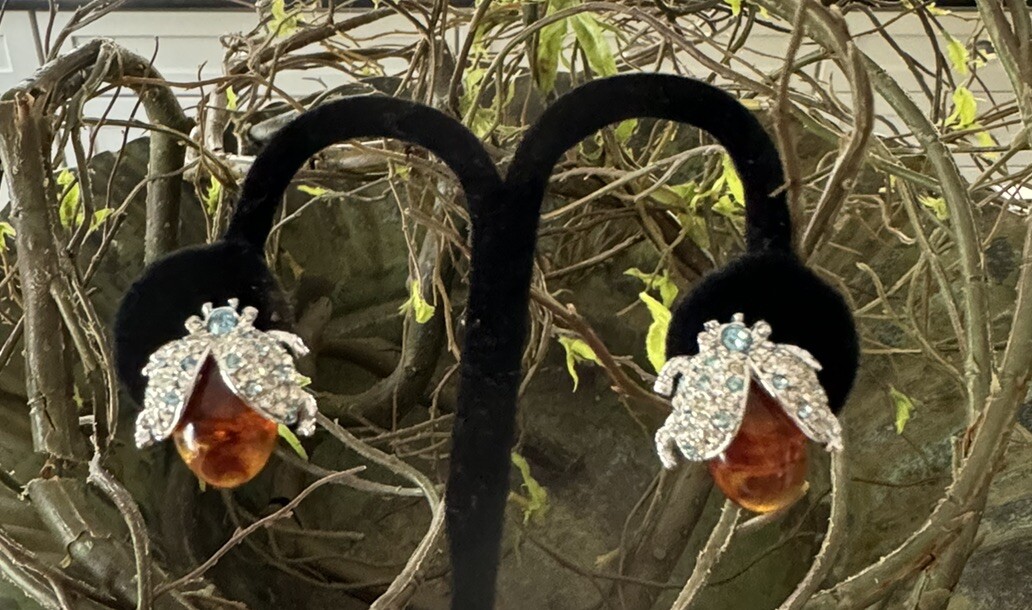 VTG CARLO ZINI Italian Designer Amber CZ Rhinestone Bee Lady Bug Earrings