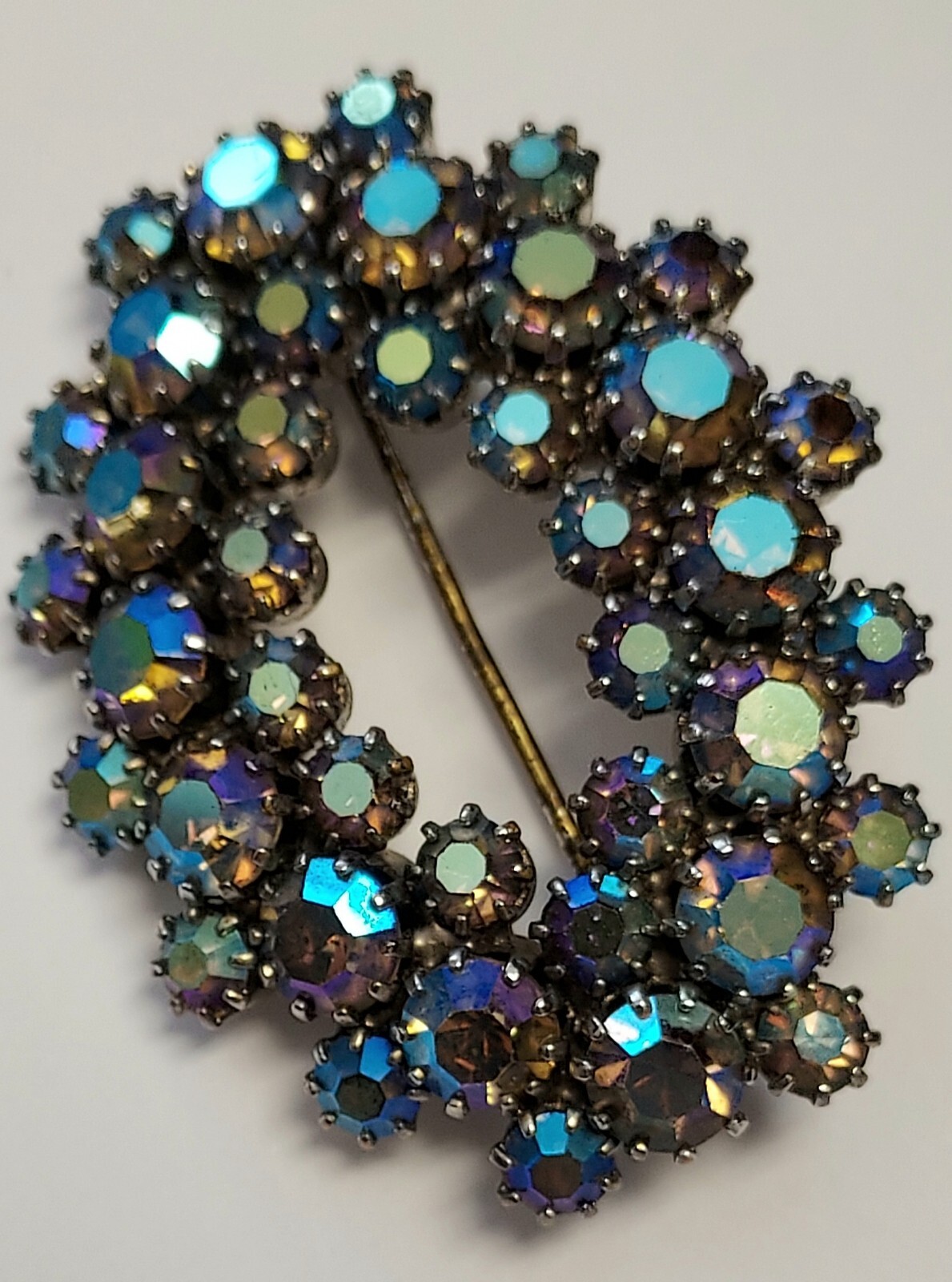 Vintage Aurora Borealis Rhinestone Brooch Pin AB Glass Cluster Prong Set