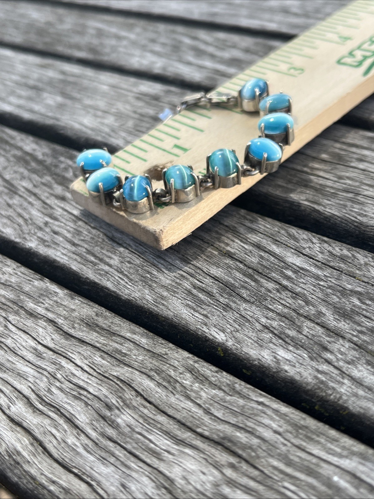 Vintage Blue Cats Eye Gem Stones Silver Bracelet Small