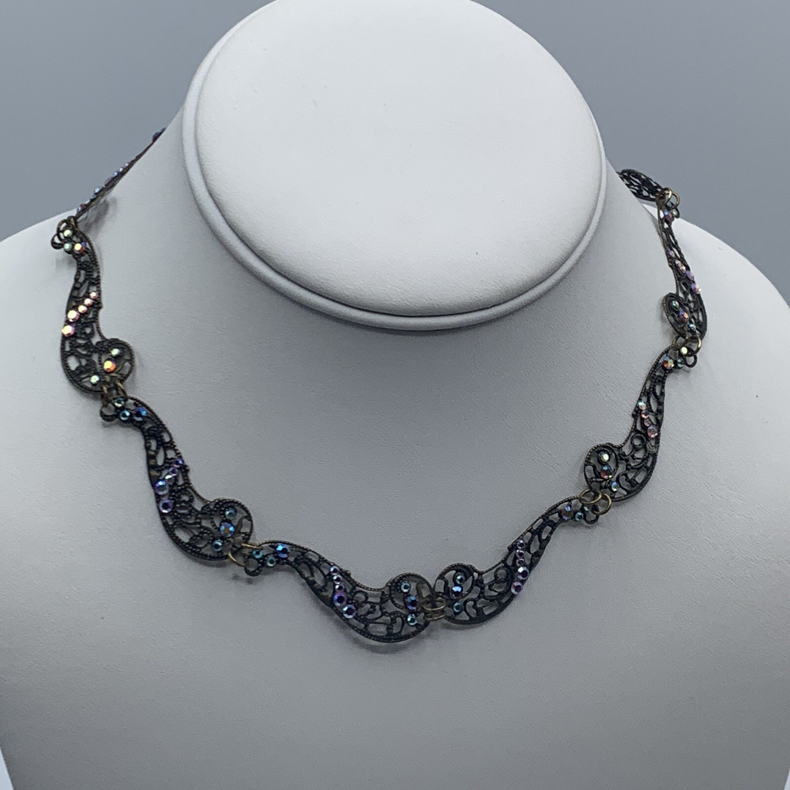 Glass Works Studio Brass Crystals Art Deco Style Dainty Necklace Flawed 14-18″