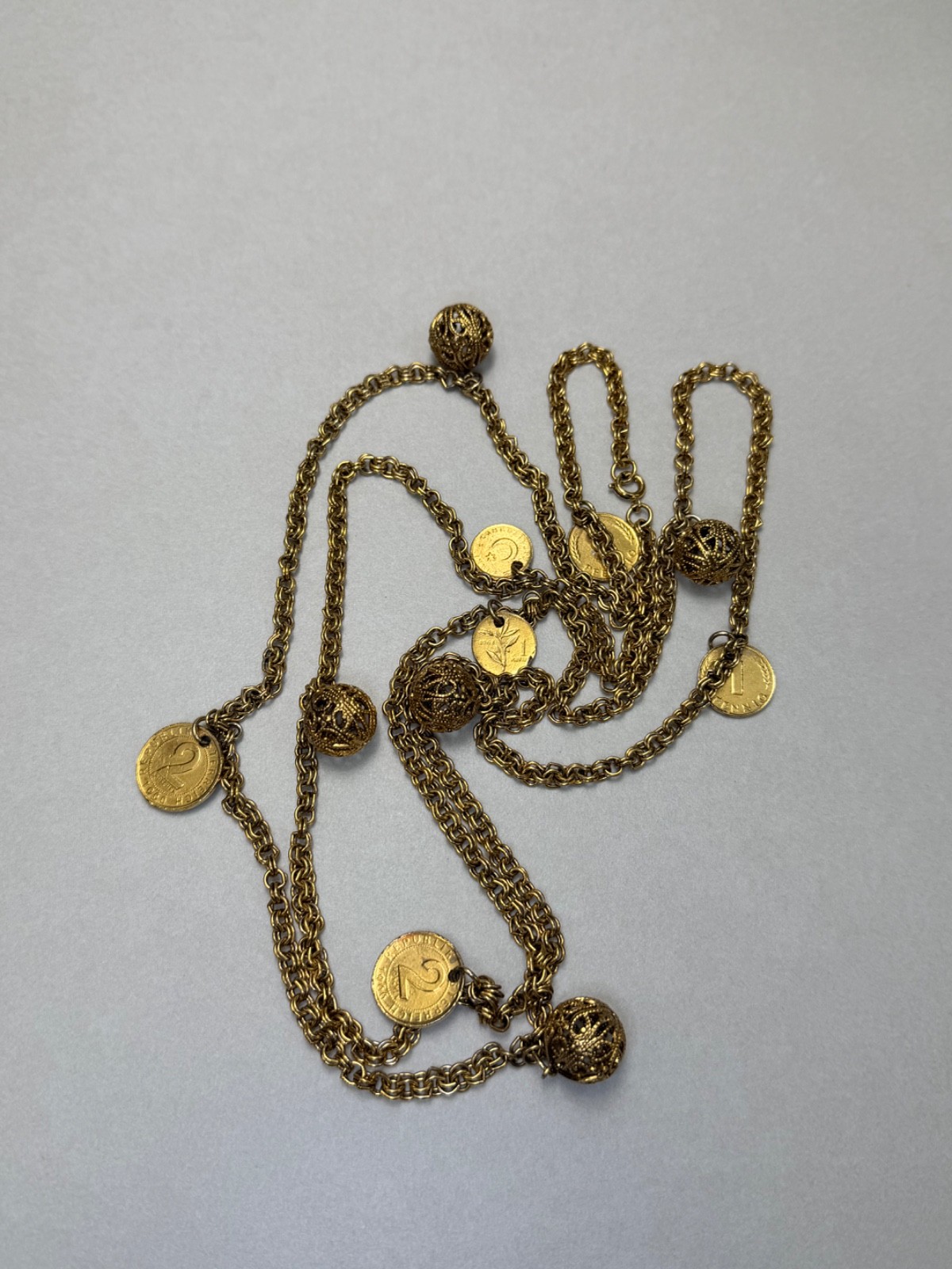 Long Gold Tone Coin Charm Necklace Filigree Ball Accents Boho Vintage