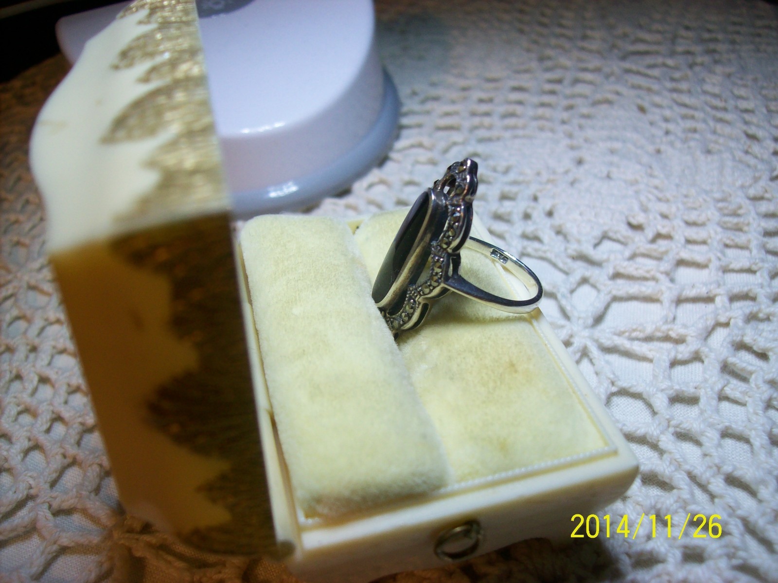 Masala CW Black Onyx & Marcasite Oblong Sterling Silver Filigree Vintage Ring