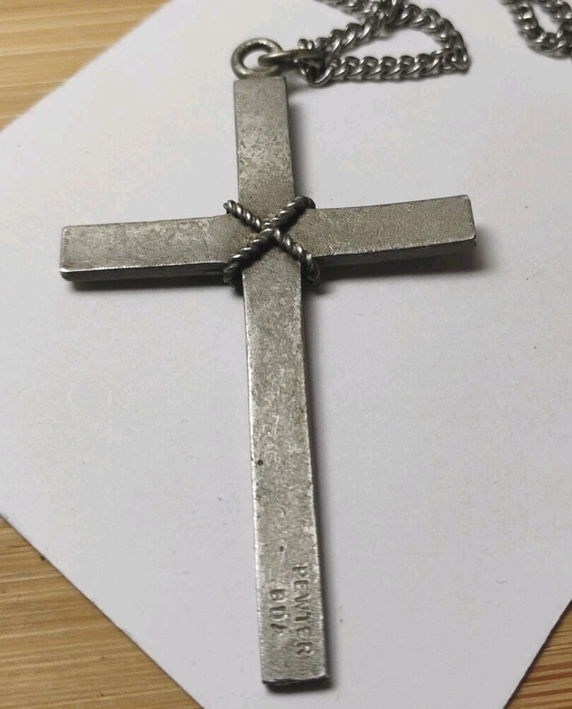 Vintage BDA Budlong Docherty Armstrong Signed Pewter Cross Pendant 25″ Necklace!