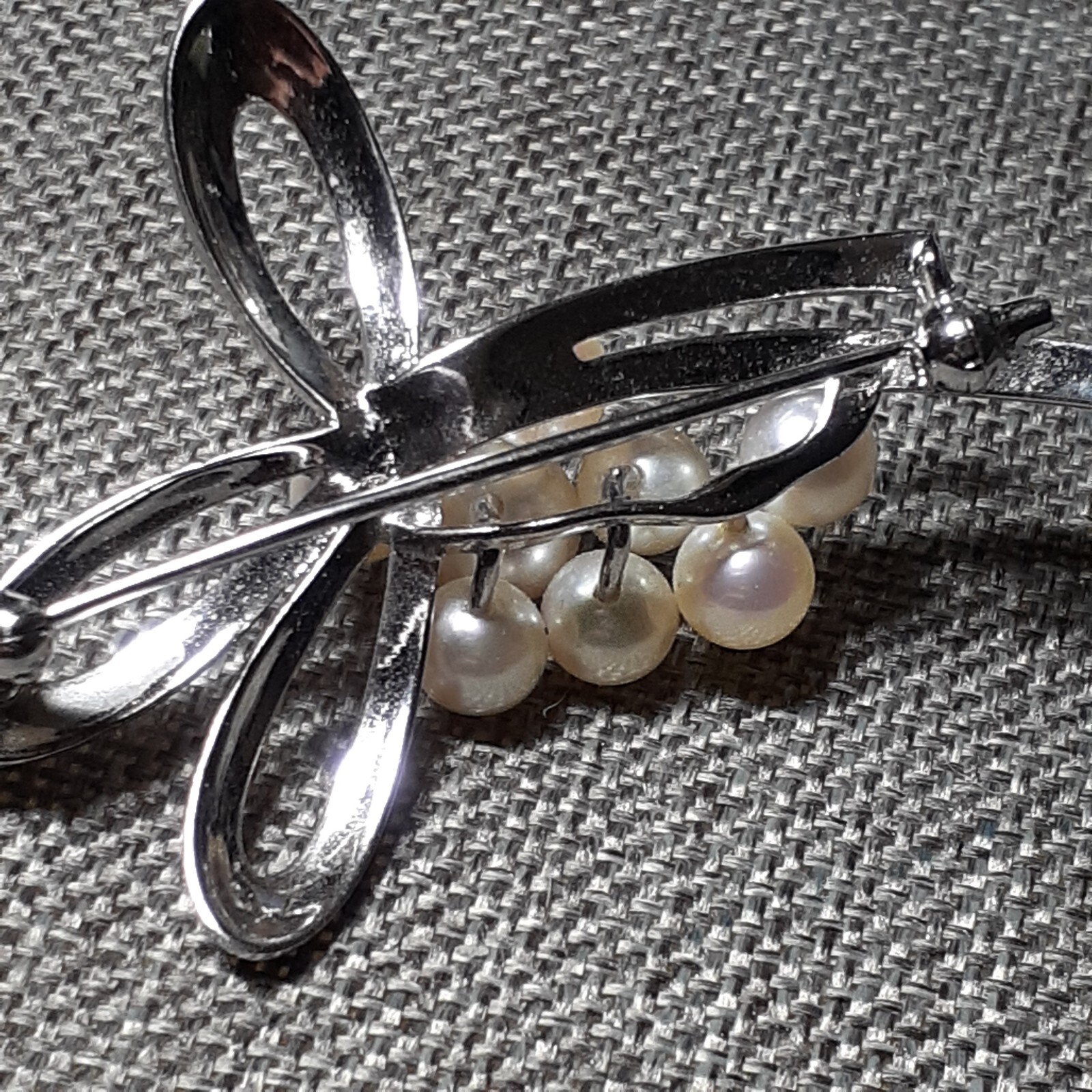 VTG Mikimoto 8 Akoya Pearl Brooch Sterling Silver Bow Signed M S Japan Gift Idea