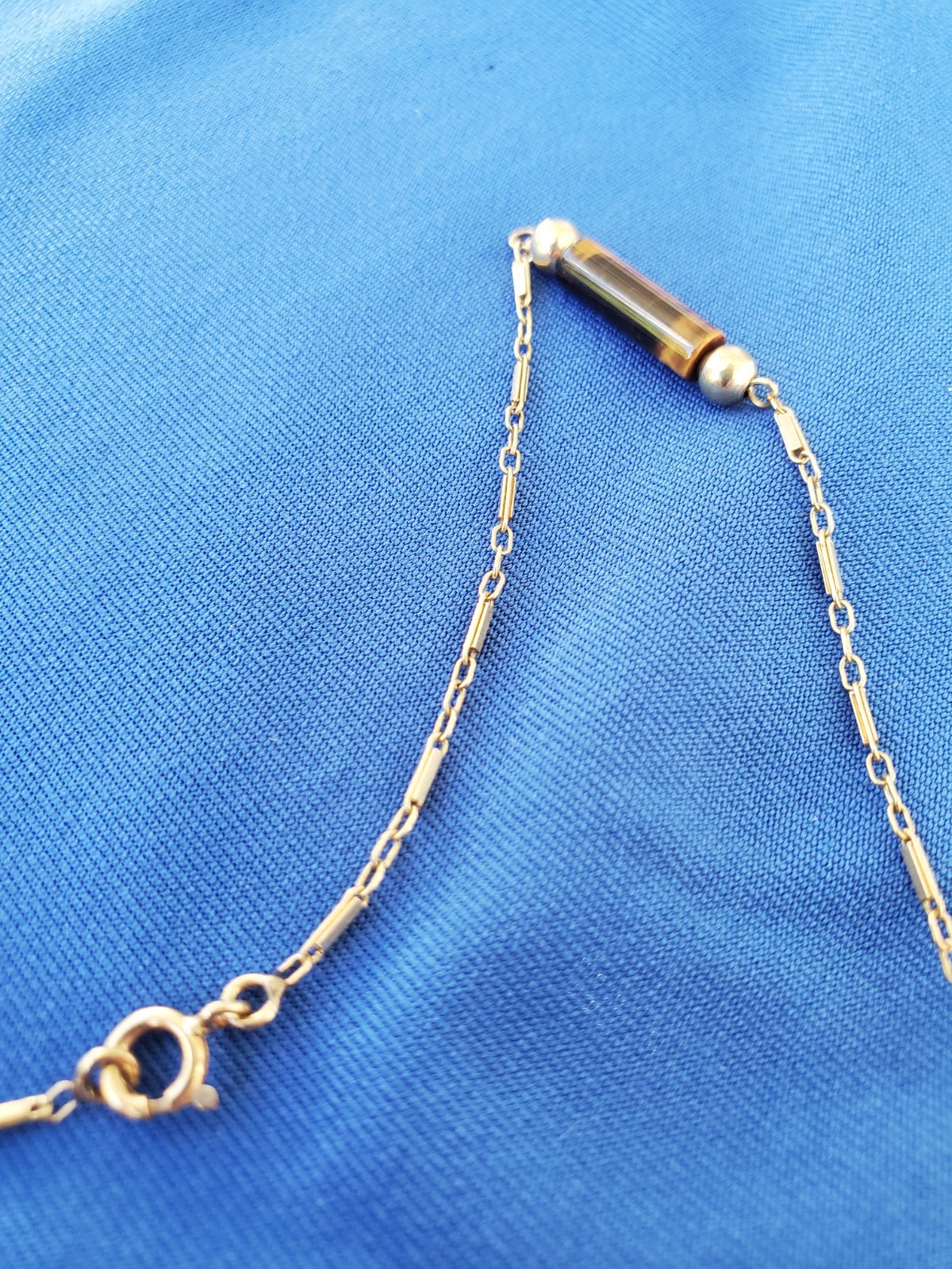 Vintage 14K GOLD Art Deco Tiger eye Statement Necklace Unique Antique Chain 28″