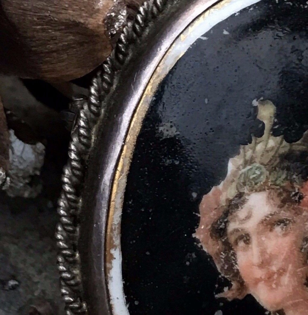 Antique Victorian Sterling Silver Painted Cameo Portrait Porcelain Brooch/Pin