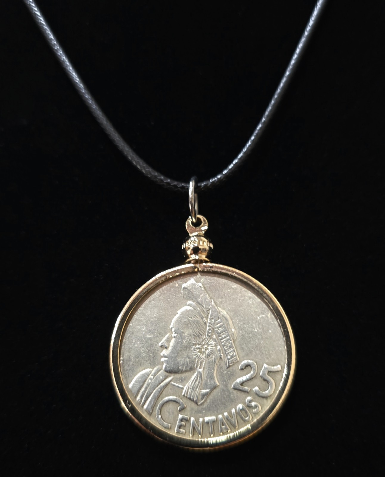 Coin Pendant Necklace Guatemala 1965 with Black Cord Vintage Jewelry Gift