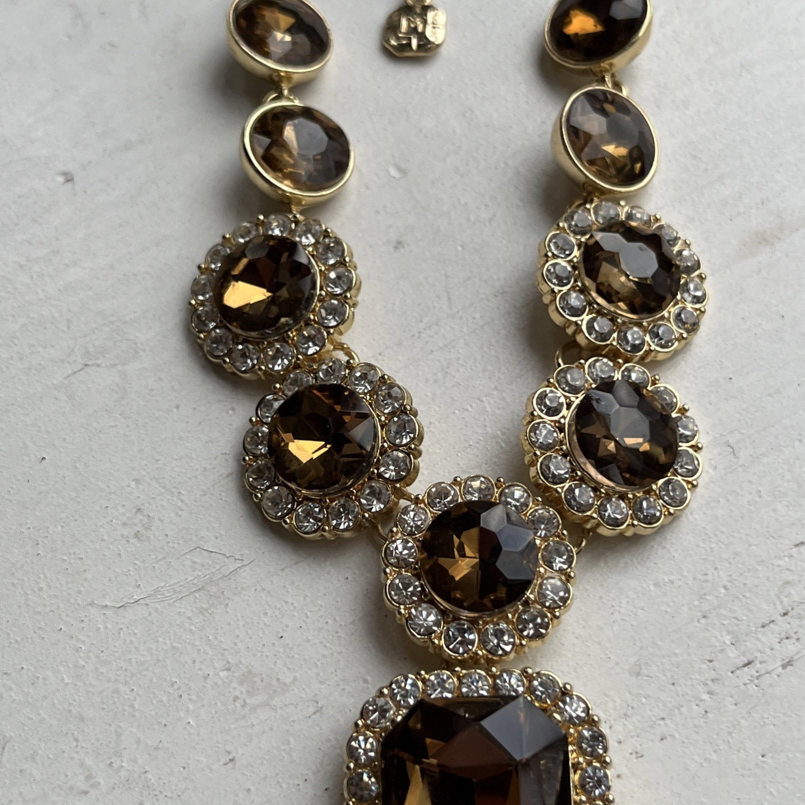 Vintage Monet Faceted Golden Topaz Crystal & Clear Rhinestone Statement Necklace