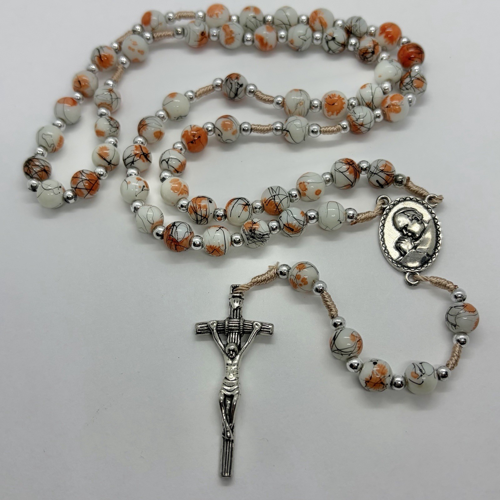 Vtg Catholic Religious Orange Rosary Glass Beads Necklace Silvertone Prayer