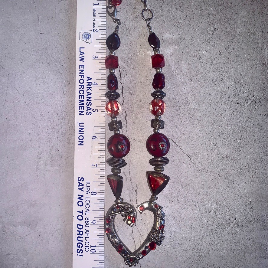 Red Beaded Heart Necklace Vintage Valentines Chunky 1980s 1990s Statement Piece