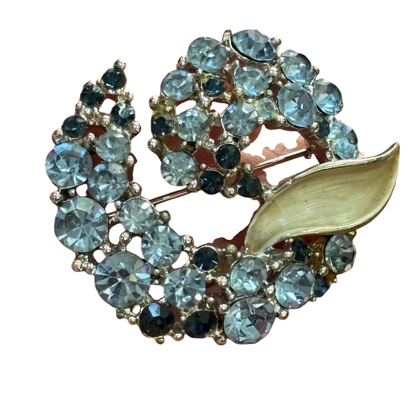 Vintage Mid Century BSK silver brooch lite dark blue rhinestones enamel finish